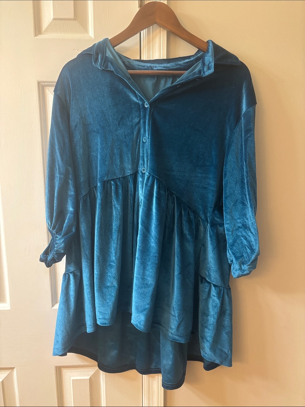 Blue Velvet Button-Front Peplum Tunic Top